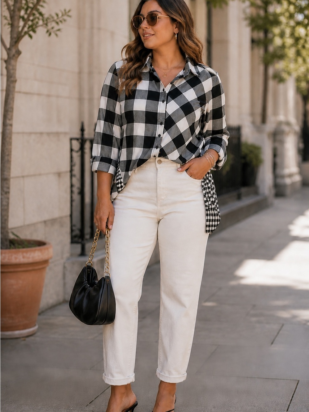 LIV Mixed Gingham Check Shirt Black White Patchwork Button Up Asymmetrical